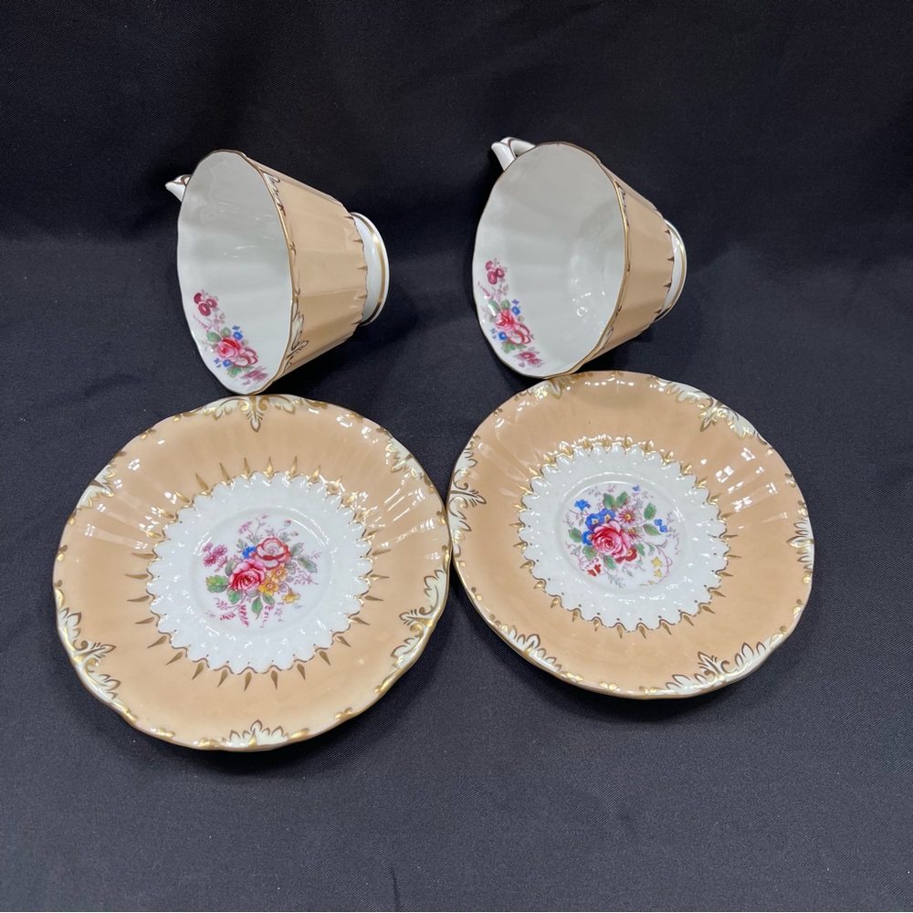 ROYAL CROWN DERBY Kendal Rose Pink Tea Cups & Saucers Set Of 2 - Vintage